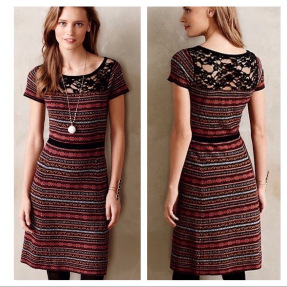 Lace Yoke Striped Knit Dress in Burgundy